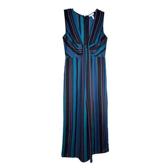 Leith Pants - Leith Striped Jumpsuit Women's Size S Wide Leg Blue V-Neck Lined Career